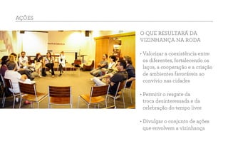 O QUE RESULTARÁ DA
VIZINHANÇA NA RODA
• Valorizar a coexistência entre
os diferentes, fortalecendo os
laços, a cooperação e a criação
de ambientes favoráveis ao
convívio nas cidades
• Permitir o resgate da
troca desinteressada e da
celebração do tempo livre
• Divulgar o conjunto de ações
que envolvem a vizinhança
AÇÕES
 