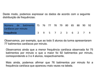 Matemática, 6º Ano do Ensino Fundamental
Cálculo da média aritmética, moda e mediana

Deste modo, podemos expressar os dados de acordo com a seguinte
distribuição de frequências:
Número de batimento 75
cardíacos por minuto

76

77

78

79

80

85

88

90

92

Frequência

9

5

7

2

3

6

2

7

4

3

Observamos, por exemplo, que ao todo 5 alunos da turma apresentaram
77 batimentos cardíacos por minuto.
Observamos ainda que a menor frequência cardíaca observada foi 75
batimentos por minuto e que a maior foi 92 batimentos por minuto,
correspondendo a 3 e 4 alunos, respectivamente.
Mais ainda, podemos afirmar que 76 batimentos por minuto foi a
frequência cardíaca que apareceu mais vezes na tabela.

 