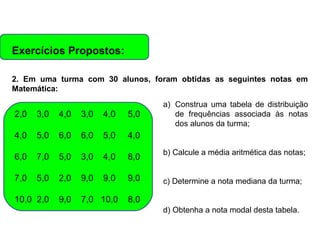 Matemática, 6º Ano do Ensino Fundamental
Cálculo da média aritmética, moda e mediana

Exercícios Propostos:
2. Em uma turma com 30 alunos, foram obtidas as seguintes notas em
Matemática:
a) Construa uma tabela de distribuição
de frequências associada às notas
dos alunos da turma;

2,0

3,0

4,0

3,0

4,0

5,0

4,0

5,0

6,0

6,0

5,0

4,0

6,0

7,0

5,0

3,0

4,0

8,0

b) Calcule a média aritmética das notas;

7,0

5,0

2,0

9,0

9,0

9,0

c) Determine a nota mediana da turma;

10,0 2,0

9,0

7,0 10,0

8,0
d) Obtenha a nota modal desta tabela.

 