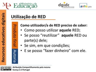 Recursos educativos digitais


                               Utilização de RED
                                                       Como utilizador/a de RED preciso de saber:
                               Produto final Autoria



                                                       • Como posso utilizar aquele RED;
                                                       • Se posso “reutilizar” aquele RED ou
                                                         parte(s) dele;
                                                       • Se sim, em que condições;
                                                       • E se posso “fazer dinheiro” com ele.


                               Atribuição-Compartilhamento pela mesma
                               licença 2.5 Portugal
 