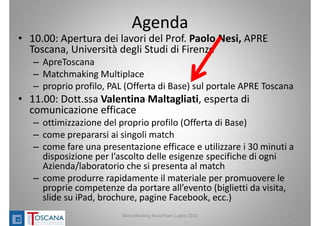 Agenda
• 10.00: Apertura dei lavori del Prof. Paolo Nesi, APRE 
Toscana, Università degli Studi di Firenze
– ApreToscana
– Matchmaking Multiplace
– proprio profilo, PAL (Offerta di Base) sul portale APRE Toscana
• 11.00: Dott.ssa Valentina Maltagliati, esperta di 
comunicazione efficace
– ottimizzazione del proprio profilo (Offerta di Base)
– come prepararsi ai singoli match
– come fare una presentazione efficace e utilizzare i 30 minuti a 
disposizione per l’ascolto delle esigenze specifiche di ogni 
Azienda/laboratorio che si presenta al match
– come produrre rapidamente il materiale per promuovere le 
proprie competenze da portare all’evento (biglietti da visita, 
slide su iPad, brochure, pagine Facebook, ecc.)
MatchMaking MultiPlace Luglio 2013 21
 