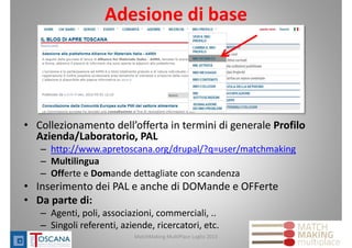 Adesione di base
MatchMaking MultiPlace Luglio 2013 23
• Collezionamento dell’offerta in termini di generale Profilo 
Azienda/Laboratorio, PAL
– http://www.apretoscana.org/drupal/?q=user/matchmaking
– Multilingua
– Offerte e Domande dettagliate con scandenza
• Inserimento dei PAL e anche di DOMande e OFFerte
• Da parte di:
– Agenti, poli, associazioni, commerciali, ..
– Singoli referenti, aziende, ricercatori, etc. 
 
