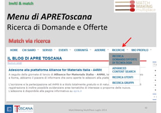Menu di APREToscana
Ricerca di Domande e Offerte
MatchMaking MultiPlace Luglio 2013
30
 