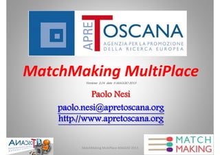 MatchMaking MultiPlaceVersione 2.04 data 8 MAGGIO 2013
Paolo Nesi
paolo.nesi@apretoscana.org
http://www.apretoscana.org
1MatchMaking MultiPlace MAGGIO 2013
 