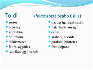 Toldi              (feldolgozta:Szabó Csilla)
sértés                   hazugság, rágalmazás
örökség                  hála, hálátlanság
konfliktus               öröm
önuralom                 szabály, becsület
lelkiismeret             jutalom, büntetés
féltés, aggódás          fordulópont
sajnálat, együttérzés
 