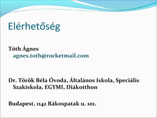 Elérhetőség
Tóth Ágnes
 agnes.toth@rocketmail.com



Dr. Török Béla Óvoda, Általános Iskola, Speciális
 Szakiskola, EGYMI, Diákotthon

Budapest, 1142 Rákospatak u. 101.
 