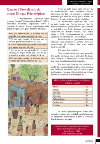 Quanto à Prevalência de
outras Drogas Psicotrópicas
O “I Levantamento Domiciliar sobre
o uso de Drogas Psicotrópicas no Brasil” (2001),
apresentou resultados importantes sobre o
consumo de outras drogas psicotrópicas pela
população geral, dos quais merecem destaque:
O uso de pelo menos uma vez na vida
de medicamentos, sem prescrição médica,
apresentou um fato em comum: o número de
mulheres que usou foi maior que o número de
homens, em todas as faixas etárias estudadas.
Os estimulantes aparecem em 1,5%
de entrevistados que fizeram uso na vida. Os
benzodiazepínicos (medicamento para reduzir
a ansiedade) em 3,3%, bastante próxima ao
observado nos Estados Unidos, cujo índice
chega a 5,8%. A dependência de benzodia-
zepínicos foi estimada em 1,0% no Brasil.
Em relação aos orexígenos (medicamentos
utilizados para estimular o apetite), 4,3% dos
entrevistados já fizeram uso pelo menos
uma vez na vida.
Um alerta deve ser feito:
Cada vez mais, a idade de experimentação
tem caído, revelando que o consumo de drogas
entre crianças e adolescentes é uma realidade
que exige medidas preventivas urgentes.
Um dado que constata esta questão é a
média de experimentação do álcool pela primeira
vez. No Brasil, esta média é de 12,5 anos, o que é
preocupante, visto que o fornecimento de bebidas
alcoólicas a menores é proibido por lei
Os dados epidemiológicos acima apre-
sentados retratam uma realidade desafiadora para
os terapeutas comunitários e para a sociedade
brasileira como um todo.
Média de Idade do Primeiro Uso de Drogas
no Brasil (Média)
Álcool 12,5
Tabaco 12,8
Solvente 13,1
Maconha 13,9
Anfetamínicos 13,4
Ansiolíticos 13,5
Cocaína 14,4
A Prevenção do uso de Drogas
e a Terapia Comunitária
SENAD
6,9% dos entrevistados já fizeram uso de
maconha pelo menos uma vez na vida;
2,3% dos entrevistados já fizeram uso de
cocaína pelo menos uma vez na vida;
0,7% dos entrevistados já fizeram uso de crack
pelo menos uma vez na vida;
O uso da merla (um derivado de cocaína)
apareceu, na região Norte, em 1,0% dos en-
trevistados, sendo o maior índice do Brasil;
5,8% dos entrevistados já fizeram uso de
solventes pelo menos uma vez na vida.
Estes dados estão disponibilizados no site do
Observatório Brasileiro de Informações
Sobre Drogas - OBID
www.obid.senad.gov.br
7
 