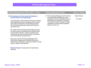 Report Date, 200x Page 17
Existing Management Plans
Existing Management Observations / Issues Existing Management Plan Owner / Timing
12) Purchasing card limits should be followed or
revised if they are not appropriate.
The draft policy on Disbursements (Checks and Other)
states spending limits on purchasing cards (p-cards)
are $1,500 per transaction and $10,000 per month.
The P-Card procedures also states the $1,500 per
transaction limit.
Per review of the American Express billing summary,
we noted numerous employees have spending limits
over the policy amounts. During our testing of ten
activity logs, we noted one log that had a transaction
over the $1,500 per transaction limit.
Discussions with the Purchasing Manager of US
Contracts and Agreements indicated the limits are
determined by employees’ supervisors based on actual
needs in relation to job positions.
Business Impact: Increased risk of unauthorized
spending.
(Owner Name)
Q1, 200X
A. The Purchasing Manager of US Contracts
and Agreements indicated the p-card
procedure and each employees limits are
scheduled to be reviewed in November.
The procedure will be changed to reflect
"exceptions" and limits will be adjusted
based on actual use.
 