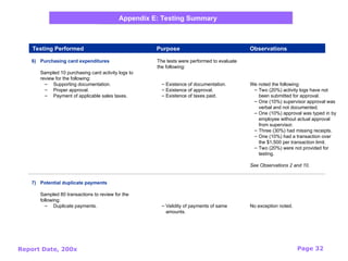 Report Date, 200x Page 32
6) Purchasing card expenditures
Sampled 10 purchasing card activity logs to
review for the following:
– Supporting documentation.
– Proper approval.
– Payment of applicable sales taxes.
7) Potential duplicate payments
Sampled 80 transactions to review for the
following:
– Duplicate payments.
The tests were performed to evaluate
the following:
– Existence of documentation.
– Existence of approval.
– Existence of taxes paid.
– Validity of payments of same
amounts.
Testing Performed Purpose Observations
Appendix E: Testing Summary
We noted the following:
– Two (20%) activity logs have not
been submitted for approval.
– One (10%) supervisor approval was
verbal and not documented.
– One (10%) approval was typed in by
employee without actual approval
from supervisor.
– Three (30%) had missing receipts.
– One (10%) had a transaction over
the $1,500 per transaction limit.
– Two (20%) were not provided for
testing.
See Observations 2 and 10.
No exception noted.
 