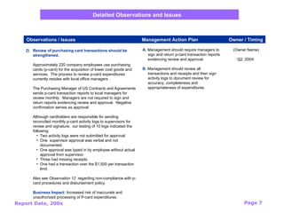 Report Date, 200x Page 7
2) Review of purchasing card transactions should be
strengthened.
Approximately 220 company employees use purchasing
cards (p-card) for the acquisition of lower cost goods and
services. The process to review p-card expenditures
currently resides with local office managers .
The Purchasing Manager of US Contracts and Agreements
sends p-card transaction reports to local managers for
review monthly. Managers are not required to sign and
return reports evidencing review and approval. Negative
confirmation serves as approval.
Although cardholders are responsible for sending
reconciled monthly p-card activity logs to supervisors for
review and signature, our testing of 10 logs indicated the
following:
• Two activity logs were not submitted for approval.
• One supervisor approval was verbal and not
documented.
• One approval was typed in by employee without actual
approval from supervisor.
• Three had missing receipts.
• One had a transaction over the $1,500 per transaction
limit.
Also see Observation 12 regarding non-compliance with p-
card procedures and disbursement policy.
Business Impact: Increased risk of inaccurate and
unauthorized processing of P-card expenditures.
(Owner Name)
Q2, 200X
A. Management should require managers to
sign and return p-card transaction reports
evidencing review and approval.
B. Management should review all
transactions and receipts and then sign
activity logs to document review for
accuracy, completeness and
appropriateness of expenditures.
Observations / Issues Management Action Plan Owner / Timing
Detailed Observations and Issues
 