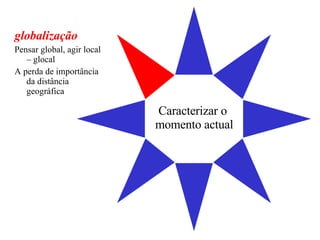 Caracterizar o  momento actual globalização Pensar global, agir local – glocal A perda de importância da distância geográfica 