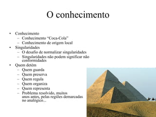 O conhecimento Conhecimento Conhecimento “Coca-Cola” Conhecimento de origem local Singularidades O desafio de normalizar singularidades Singularidades não podem significar não conformidades Quem detém  Quem guarda Quem preserva Quem regula Quem organiza Quem representa Problema resolvido, muitos  anos antes, pelas regiões demarcadas  no analógico... 