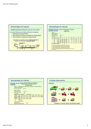 Vias de Comunicação
João P. Silva 4
CondiCondiçções ideais para estradas de duas vias e dois sentidosões ideais para estradas de duas vias e dois sentidos
As mesmas referidas para as estradasAs mesmas referidas para as estradas multiviasmultivias mais as seguintes:mais as seguintes:
Repartição do tráfego 50/50%
Não existência de troços com proibição de ultrapassagem
Sem restrições à circulação do tráfego principal
Capacidade nas condiCapacidade nas condiçções referidas:ões referidas: 2800 ve2800 veíículos/horaculos/hora nono
conjunto dos dois sentidos (conjunto dos dois sentidos (capacidade bcapacidade báásicasica))
Metodologia de Cálculo
Exemplo para duasExemplo para duas
vias dois sentidosvias dois sentidos
Secção 4
Perfil Transversal Tipo: 7m
Dados de Tráfego:
Volume horário (2 dir) 128 uve/h
Factor de ponta (PHF) 1,00
Pico horário: 17:30
Nível de Serviço Fluxo (v/c) fd fw fHV PT
ET
(Pesados)
PR ER PB EB
A 220 0,1 0,97 0,81 1,00 0 5 0 3,2 0 3
B 506 0,23 0,97 0,81 1,00 0 5 0 3,9 0 3,4
C 858 0,39 0,97 0,81 1,00 0 5 0 3,9 0 3,4
D 1254 0,57 0,97 0,81 1,00 0 5 0 3,3 0 2,9
E 2374 0,94 0,97 0,93 1,00 0 5 0 3,3 0 2,9
Nível de Serviço Obtido: A
v/c - relação fluxo/capacidade máxima para cada nível de serviço
fd - factor de ajustamento para a distribuição direccional do tráfego
fw - factor de ajustamento para o perfil transversal tipo considerado
fHV - factor de ajustamento devido à presença de veículos pesados
Cálculo do Nível de Serviço em Secção
Método HCM
Situação Futura
ET, ER e EB - Factores de equivalência veículo pesado/veículo ligeiro de acordo com
o tipo de pesado
Metodologia de Cálculo
Exemplo estradaExemplo estrada
multiviasmultivias
Secção I - N10 (Secção imediamente posterior à intersecção com a Estrada de Algeruz)
Sentido Poente-Nascente
Perfil Transversal Tipo: 3,5+3,5m
Dados de Tráfego:
Volume horário (1dir) 1612 uve/h
Factor de ponta (PHF) 1,00
Pico horário: 17:30
Capacidade máxima adoptada: 2200 uve/h/via
PHF V N f HV f p P T E T P R E R Vp
1,00 1612 2 1 1 0 12,5 0 2 806
FFS km/h FFS i f LW f LC f N f ID
69 90 1 1 7,3 12,1
S 68,5 km/h
D 11,77 uve/h
Tendo vp e FFS obtem-se:
Nível de Serviço: C
Relação volume/capacidade 0,37
Cálculo do Nível de Serviço em Secção
Método Highway Capacity Manual - 2000
Situação Futura
Metodologia de Cálculo Tráfego Equivalente
ExemplosExemplos
= + +
= +
= +
Unidades de veículos ligeiros equivalentes (uvle)
 