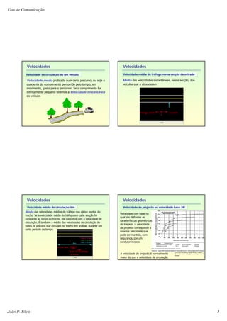 Vias de Comunicação
João P. Silva 5
Velocidades
Velocidade de circulaVelocidade de circulaçção de um veão de um veíículoculo
Velocidade média praticada num certo percurso, ou seja o
quociente do comprimento percorrido pelo tempo, em
movimento, gasto para o percorrer. Se o comprimento for
infinitamente pequeno teremos a Velocidade Instantânea
do veículo.
Velocidades
Velocidade mVelocidade méédia do trdia do trááfego numa secfego numa secçção da estradaão da estrada
Média das velocidades instantâneas, nessa secção, dos
veículos que a atravessam
Velocidades
Velocidade mVelocidade méédia de circuladia de circulaççãoão VmVm
Média das velocidades médias do tráfego nos vários pontos do
trecho. Se a velocidade média do tráfego em cada secção for
constante ao longo do trecho, ela coincidirá com a velocidade de
circulação. É também a média das velocidades de circulação de
todos os veículos que circulam no trecho em análise, durante um
certo período de tempo.
Fonte: Road Planning and Design Manual, Chapter 6
“Speed Parameters” 2001, Queensland Department of
Transport
Velocidades
Velocidade de projecto ou velocidade baseVelocidade de projecto ou velocidade base VBVB
Velocidade com base na
qual são definidas as
características geométricas
do traçado. A velocidade
de projecto corresponde à
máxima velocidade que
pode ser mantida, com
segurança, por um
condutor isolado.
A velocidade de projecto é normalmente
maior do que a velocidade de circulação.
 