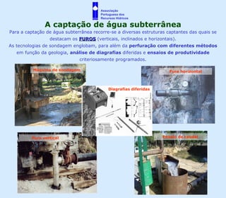 A captação de água subterrânea Para a captação de água subterrânea recorre-se a diversas estruturas captantes das quais se destacam os  FUROS  (verticais, inclinados e horizontais). As tecnologias de sondagem englobam, para além da  perfuração com diferentes métodos  em função da geologia,  análise de diagrafias  diferidas e  ensaios de produtividade  criteriosamente programados. Diagrafias diferidas Furo horizontal Ensaio de caudal Furo vertical Máquina de sondagem Associação  Portuguesa dos  Recursos Hídricos 