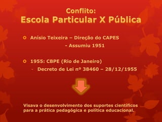  Anísio Teixeira – Direção do CAPES
                 - Assumiu 1951


 1955: CBPE (Rio de Janeiro)
   - Decreto de Lei nº 38460 – 28/12/1955




Visava o desenvolvimento dos suportes científicos
para a prática pedagógica e política educacional.
 