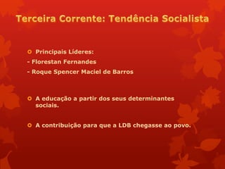  Principais Líderes:
- Florestan Fernandes
- Roque Spencer Maciel de Barros



 A educação a partir dos seus determinantes
  sociais.


 A contribuição para que a LDB chegasse ao povo.
 