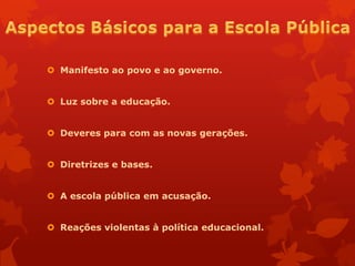  Manifesto ao povo e ao governo.


 Luz sobre a educação.


 Deveres para com as novas gerações.


 Diretrizes e bases.


 A escola pública em acusação.


 Reações violentas à política educacional.
 