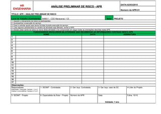 HRHR
ENGENHARIAENGENHARIA
ANÁLISE PRELIMINAR DE RISCO - APRANÁLISE PRELIMINAR DE RISCO - APR
DATA:02/03/2015
Número da APR:01
TÍTULO: APR – ANALISE PRELIMINAR DE RISCO
Local de Trabalho (Contratante) AMBEV – CDD Maracanaú / CE Setor PROJETO
1- Garantir o treinamento de todos os participantes;
2- Acompanhar a execução do serviço;
3- Parar e solicitar ajuda caso tenha dúvidas durante execução do serviço;
4- Caso alguma característica ou cenário da atividade seja alterado, revise a APR;
5- Declaro estar ciente de todos os riscos desta atividade e me comprometo em seguir todas as orientações descritas nesta APR.
FUNCIONÁRIOS ENVOLVIDOS NA ATIVIDADE QUE RECEBERAM AS INFORMAÇÕES CONTIDAS NESTA APR
NOME DATA ASSINATURA
1
2
3
4
5
6
7
8
9
10
11
12
13
14
15
16
17
Observações:
Responsáveis:
Elaboração / Execução: Campos 1, 2 e 3
Análise e concordância: Campos 4, 5 e 6
1- SESMT - Contratada 2- Ger./sup. Contratada 3- Ger./sup. caso de SC 4-Líder do Projeto
5- SESMT - Projeto 6- Especialista da Área – Projeto Número da APR Data:
Validade: 1 ano
Folha: 10/10
 