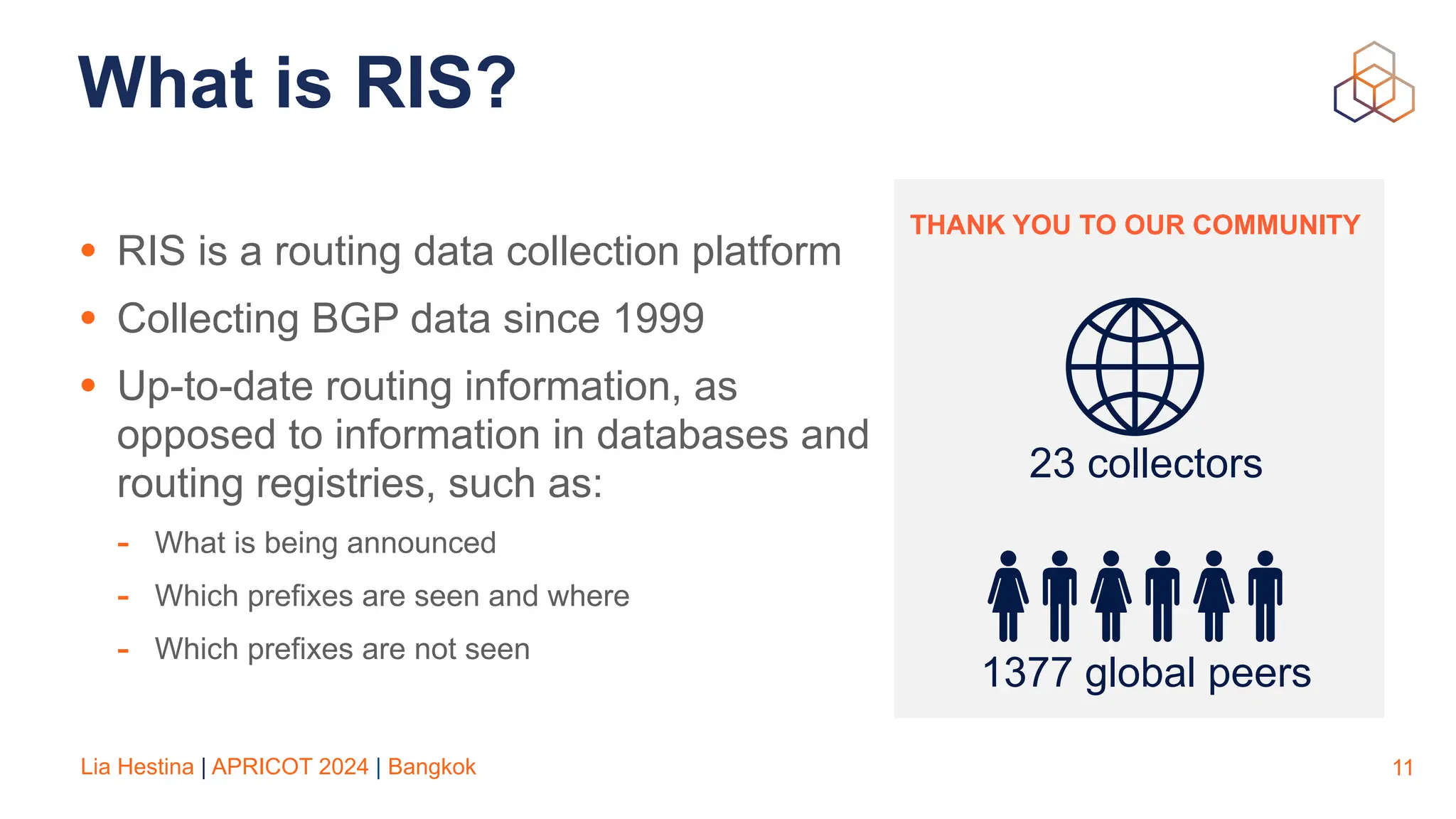 Lia Hestina | APRICOT 2024 | Bangkok
What is RIS?
• RIS is a routing data collection platform
• Collecting BGP data since 1999
• Up-to-date routing information, as
opposed to information in databases and
routing registries, such as:
- What is being announced
- Which prefixes are seen and where
- Which prefixes are not seen
11
23 collectors
1377 global peers
THANK YOU TO OUR COMMUNITY
 