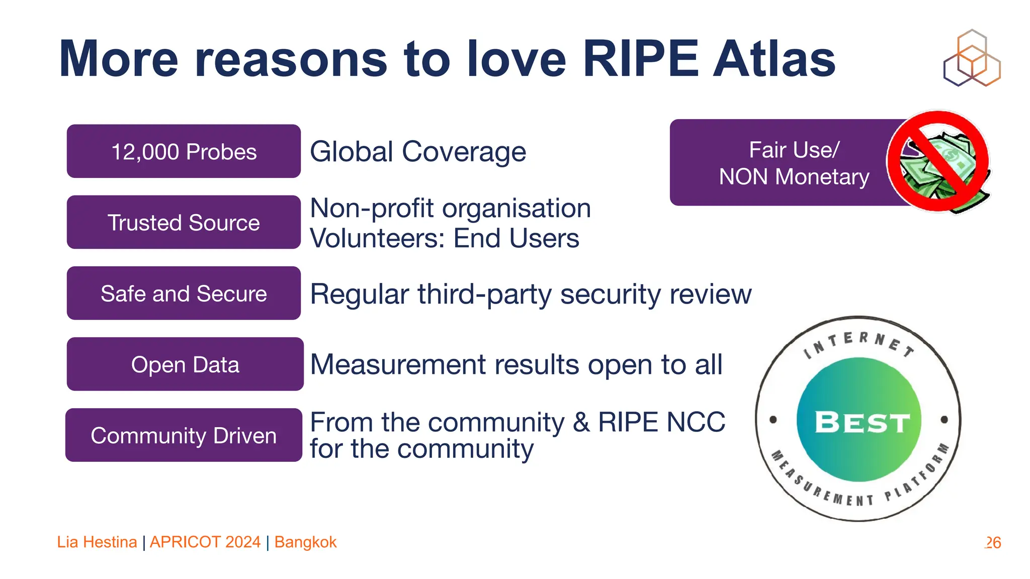 Lia Hestina | APRICOT 2024 | Bangkok
More reasons to love RIPE Atlas
26
12,000 Probes
Safe and Secure
Trusted Source
Open Data
Community Driven
Fair Use/
NON Monetary
Global Coverage
Regular third-party security review
Non-profit organisation
Volunteers: End Users
Measurement results open to all
From the community & RIPE NCC
for the community
 