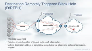 Copyright © 2014 Juniper Networks, Inc.8
Destination Remotely Triggered Black Hole
(D/RTBH)
Service Provider
Internet Enterprise or DC
203.0.113.1	
  
203.0.113.1/32	
  
203.0.113.1/32	
  
VicAm	
  iniAates	
  RTBH	
  
announcement	
  
BGP	
  Preﬁx	
  with	
  next-­‐hop	
  
set	
  to	
  discard	
  route.	
  
x
•  RFC 3882 circa 2004
•  Requires pre-configuration of discard route on all edge routers
•  Victim’s destination address is completely unreachable but attack (and collateral damage) is
stopped.
203.0.113.1/32	
  
 