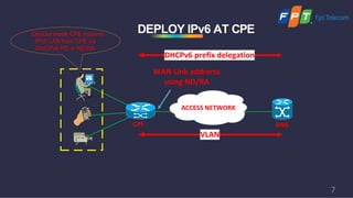 DEPLOY IPv6 AT CPEDevices inside CPE receives
IPv6 LAN from CPE via
DHCPv6 PD or ND/RA
BNG
ACCESS	NETWORK
CPE
VLAN
WAN	Link	addrerss	
using	ND/RA
DHCPv6	prefix	delegation
7
 