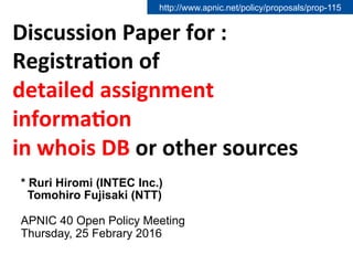 Discussion	
  Paper	
  for	
  :	
  	
  
Registra3on	
  of	
  	
  
detailed	
  assignment	
  
informa3on	
  	
  
in	
  whois	
  DB	
  or	
  other	
  sources	
  
* Ruri Hiromi (INTEC Inc.)
Tomohiro Fujisaki (NTT)
APNIC 40 Open Policy Meeting
Thursday, 25 Febrary 2016
http://www.apnic.net/policy/proposals/prop-115	
 