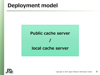 Copyright © 2015 Japan Network Information Center
Deployment model
Public cache server
/
local cache server
4
 