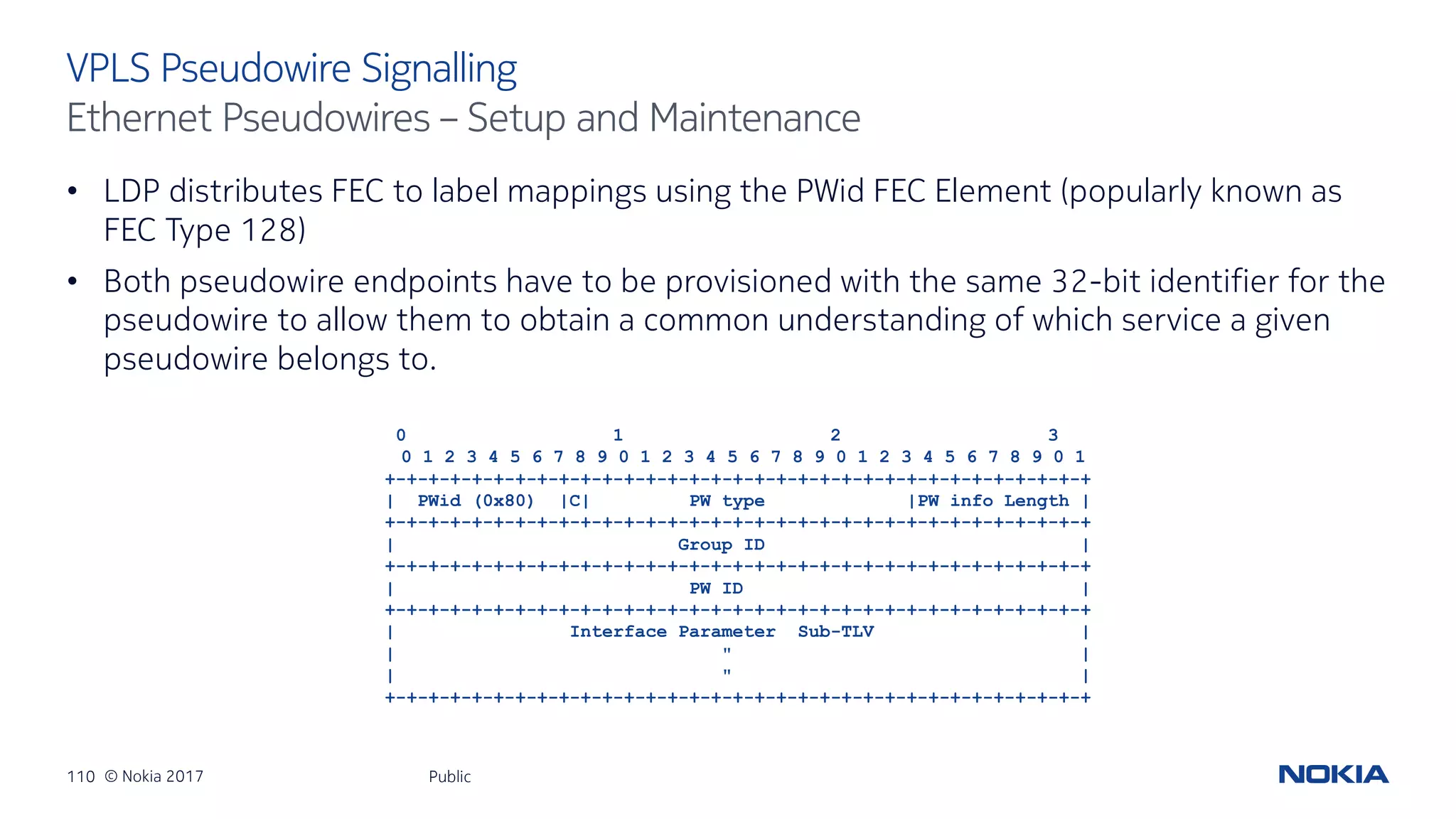 110 © Nokia 2017
• LDP distributes FEC to label mappings using the PWid FEC Element (popularly known as
FEC Type 128)
• Both pseudowire endpoints have to be provisioned with the same 32-bit identifier for the
pseudowire to allow them to obtain a common understanding of which service a given
pseudowire belongs to.
Public
VPLS Pseudowire Signalling
Ethernet Pseudowires – Setup and Maintenance
0 1 2 3
0 1 2 3 4 5 6 7 8 9 0 1 2 3 4 5 6 7 8 9 0 1 2 3 4 5 6 7 8 9 0 1
+-+-+-+-+-+-+-+-+-+-+-+-+-+-+-+-+-+-+-+-+-+-+-+-+-+-+-+-+-+-+-+-+
| PWid (0x80) |C| PW type |PW info Length |
+-+-+-+-+-+-+-+-+-+-+-+-+-+-+-+-+-+-+-+-+-+-+-+-+-+-+-+-+-+-+-+-+
| Group ID |
+-+-+-+-+-+-+-+-+-+-+-+-+-+-+-+-+-+-+-+-+-+-+-+-+-+-+-+-+-+-+-+-+
| PW ID |
+-+-+-+-+-+-+-+-+-+-+-+-+-+-+-+-+-+-+-+-+-+-+-+-+-+-+-+-+-+-+-+-+
| Interface Parameter Sub-TLV |
| " |
| " |
+-+-+-+-+-+-+-+-+-+-+-+-+-+-+-+-+-+-+-+-+-+-+-+-+-+-+-+-+-+-+-+-+
 