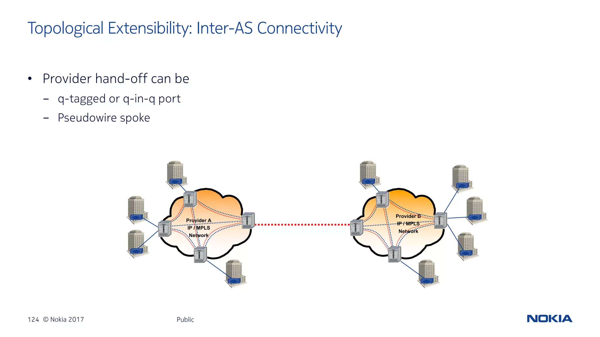 124 © Nokia 2017
• Provider hand-off can be
- q-tagged or q-in-q port
- Pseudowire spoke
Public
Topological Extensibility: Inter-AS Connectivity
Provider A
IP / MPLS
Network
Provider B
IP / MPLS
Network
 
