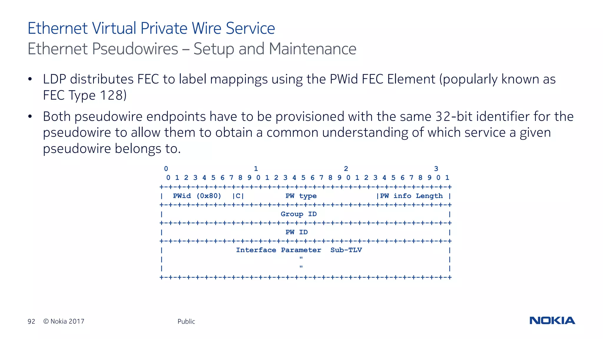 92 © Nokia 2017
• LDP distributes FEC to label mappings using the PWid FEC Element (popularly known as
FEC Type 128)
• Both pseudowire endpoints have to be provisioned with the same 32-bit identifier for the
pseudowire to allow them to obtain a common understanding of which service a given
pseudowire belongs to.
Public
Ethernet Virtual Private Wire Service
Ethernet Pseudowires – Setup and Maintenance
0 1 2 3
0 1 2 3 4 5 6 7 8 9 0 1 2 3 4 5 6 7 8 9 0 1 2 3 4 5 6 7 8 9 0 1
+-+-+-+-+-+-+-+-+-+-+-+-+-+-+-+-+-+-+-+-+-+-+-+-+-+-+-+-+-+-+-+-+
| PWid (0x80) |C| PW type |PW info Length |
+-+-+-+-+-+-+-+-+-+-+-+-+-+-+-+-+-+-+-+-+-+-+-+-+-+-+-+-+-+-+-+-+
| Group ID |
+-+-+-+-+-+-+-+-+-+-+-+-+-+-+-+-+-+-+-+-+-+-+-+-+-+-+-+-+-+-+-+-+
| PW ID |
+-+-+-+-+-+-+-+-+-+-+-+-+-+-+-+-+-+-+-+-+-+-+-+-+-+-+-+-+-+-+-+-+
| Interface Parameter Sub-TLV |
| " |
| " |
+-+-+-+-+-+-+-+-+-+-+-+-+-+-+-+-+-+-+-+-+-+-+-+-+-+-+-+-+-+-+-+-+
 