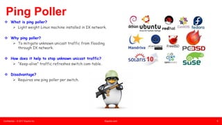 Confidential – © 2017 Equinix Inc. Equinix.com 5
5
Ping Poller
v What is ping poller?
Ø Light weight Linux machine installed in IX network.
v Why ping poller?
Ø To mitigate unknown unicast traffic from flooding
through IX network.
v How does it help to stop unknown unicast traffic?
Ø “Keep-alive” traffic refreshes switch cam-table.
v Disadvantage?
Ø Requires one ping poller per switch.
 