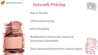 Network Pricing
Pay as You Go.
Utility style pricing.
More ﬂexibility
Residential, Commercial, Industrial
determines bandw...