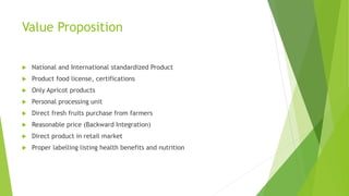 Value Proposition
 National and International standardized Product
 Product food license, certifications
 Only Apricot products
 Personal processing unit
 Direct fresh fruits purchase from farmers
 Reasonable price (Backward Integration)
 Direct product in retail market
 Proper labelling listing health benefits and nutrition
 