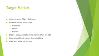 Target Market
 Urban cities of Gilgit – Baltistan
 National market main cities
 Islamabad
 Lahore
 Karachi
 Export – easy access to china market (Pass for GB)
 International fruit market in south China
 NGOs and other institutions
 