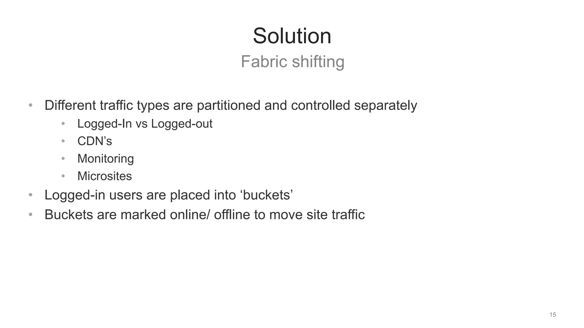 Fabric shifting
15
Solution
• Different traffic types are partitioned and controlled separately
• Logged-In vs Logged-out
• CDN’s
• Monitoring
• Microsites
• Logged-in users are placed into ‘buckets’
• Buckets are marked online/ offline to move site traffic
 
