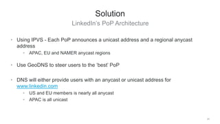 LinkedIn’s PoP Architecture
24
Solution
• Using IPVS - Each PoP announces a unicast address and a regional anycast
address...