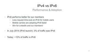 Performance & Adoption
32
IPv4 vs IPv6
• IPv6 performs better for our members
• Less request time-outs on IPv6 for mobile ...