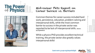 TM
Learn more: go.aps.org/deeperInSight
Common themes for career success included hard
work, persistence, education, problem-solving and
interpersonal skills, while the most common
barrier to success in the private sector was
reported to be lack of interpersonal skills. [Source:
aip.org/statistics]
While a physics PhD provides excellent technical
training, the private sector also greatly values
interpersonal skills!
 