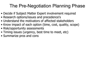 The Pre-Negotiation Planning Phase Decide if Subject Matter Expert involvement required Research options/issues and precedence's Understand the motivators of affected stakeholders Know impact of each option (time, cost, quality, scope) Risk/opportunity assessments Timing issues (urgency, best time to meet, etc) Summarize pros and cons 