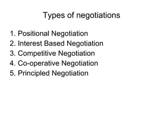 Types of negotiations 1. Positional Negotiation 2. Interest Based Negotiation 3. Competitive Negotiation 4. Co-operative Negotiation 5. Principled Negotiation 