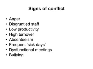 Signs of conflict Anger Disgruntled staff Low productivity High turnover Absenteeism Frequent ‘sick days’ Dysfunctional meetings Bullying 