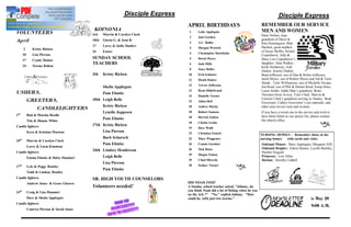 Disciple Express                                                                 Disciple Express
NURSERY                                                                             APRIL BIRTHDAYS                                   REMEMBER OUR SERVICE
                                            KOINONIA                                                                                  MEN AND WOMEN
VOLUNTEERS                                 3rd    Marvin & Carolyn Clark
                                                                                     1    Luke Applegate
                                                                                                                                      Dane Nelsen, step-
                                                                                     3    Joni Gordon
April                                      10th   Gloria G. & Jean B.
                                                                                     3    A.C. Roller
                                                                                                                                      grandson of Daryl &
                                                                                                                                      Rita Henningsen; Matt
                                           17     Larry & Judie Danker                                                                Hackett, great nephew
       3       Kristy Rieken                                                         4    Morgan Weirich
                                           24     Easter                             4    Christopher Buckhahn
                                                                                                                                      of Jessie Shiffer; Kristie
       10      Lisa Pierson                                                                                                           Copenhaver, John &
       17      Cyndy Haines
                                           SUNDAY SCHOOL                             5    Derek Pierce                                Mary Lou Copenhaver s
                                           TEACHERS                                  6    Josh Mills                                  daughter; Alan Walker;
       24      Norma Bolton                                                                                                           Kelly Holdaway; Josh
                                                                                     8    Stacy Roller
                                                                                                                                      Harker; Jeremy Harker;
                                           3th    Kristy Rieken                     10    Erin Schuster                               Brad Jefferson, son of Dan & Robin Jefferson;
                                                                                    12    Heath Haines                                Jared Myers, son of Robert Myers and Sid & Tami
                                                                                                                                      Skank; Tyler Williamson, son of Michelle Swope;
                                                                                    12    Trevor Jefferson
                                                  Sheila Applegate                                                                    Jon Reed, son of Phil & Denise Reed; Sonja Husz;
                                                                                    13    Ryan Hildebrand
USHERS,                                           Pam Ehmke
                                                                                                                                      Lucas Smith, Addie Mae s grandson; Brian
                                                                                                                                      Thornton from Avoca; Tyler Clark, Marvin &
                                                                                    14    Danielle Turner
            GREETERS,                      10th Leigh Belle                         15    Aiden Bell
                                                                                                                                      Carolyn Clark s grandson serving in Alaska, Brad
                                                                                                                                      Grosvenor, Cathey Grosvenor s son stateside, and
                                                  Kristy Rieken                     18    Audrey Hartje
                  CANDLELIGHT ERS                                                                                                     other area service men and women.
                                                  Lynelle Jeppesen                  18    Robert Samson                               If you have a loved one in the service and wish to
3rd         Bud & Marsha Beedle                                                                                                       have them listed on our prayer list, please contact
                                                  Pam Ehmke                         18    Derrick Fulton
            Tim & Dianne White                                                                                                        the church office.
                                                                                    18    Chelsie Grobe
Candle lighters                            17th Kristy Rieken
                                                                                    19    Dave Wahl
            Kyra & Kristian Martens               Lisa Pierson                      19    Christina Foutch                            NURSING HOMES - Remember those in the
                                                  Barb Schorsch                     22    Mary Waggoner                               nursing homes with cards and visits.
10th        Marvin & Carolyn Clark
                                                  Pam Ehmke                         26    Connie Gardner                              Oakland Manor: Mary Applegate, Margaret Alff,
            Larry & Lucia Kinnison
                                                                                    26    Nick Bates                                  Oakland Heights: Eileen Haines, Lucille Bentley,
Candle lighters
                                           24th Lindsey Henderson                                                                     Pauline Hogzett
                                                                                    29    Megan Nelson
            Emma Ehmke & Haley Hummel             Leigh Belle                                                                         Primrose: Lois Allen
                                                                                    29    Chad Obrecht                                Harlan: Dorothy Liddell
                                                  Lisa Pierson
17th        Lyle & Peggy Bentley                                                    30    Sydney Turner
                                                  Pam Ehmke
            Todd & Lindsay Bentley
Candle lighters                            SR. HIGH YOUTH COUNSELORS
            Andrew Jones & Grace Gleaves                                            DID NOAH FISH?
                                           Volunteers needed!                       A Sunday school teacher asked, "Johnny, do
                                                                                    you think Noah did a lot of fishing when he was
24th        Craig & Lisa Hummel
                                                                                    on the Ark ?" "No," replied Johnny. "How
            Dave & Sheila Applegate                                                 could he, with just two worms."                                                       is May 20
Candle lighters
                                                                                                                                                                           9:00 A.M.
            Camryn Pierson & Sarah Jones
 