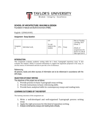 SCHOOL OF ARCHITECTURE, BUILDING & DESIGN
Foundation in Natural and Built Environment (FNBE)
English 1 [ENGL0105]
Assignment: Essay Question
Assignme
nt
Individual work.
LO
As per
stated in the
module
25% Essay
Due on Tuesday,
11th May 2015
(Week 7)
(Drafts of
assignment to be
shown on 27th &
28th April 2015)
INTRODUCTION
This assignment evaluates academic writing skills for a basic 5-paragraph expository essay. It also
evaluates the student’s ability to research information to support the arguments proposed in the essay, to
cite the sources of information and also to provide a list of references.
Referencing:
All persons, books and other sources of information are to be referenced in accordance with the
APA Style.
OBJECTIVES OF ESSAY WRITING
The objectives of this project are as follows:
1. Provide practice in basic 5-paragraph essay writing.
2. Provide instructions in basic referencing skills.
3. Provide basic analytical skills for contemporary essays and reading texts.
LEARNING OUTCOMES OF THIS REPORT
The learning outcomes of this assignment are:
1. Write a well-developed and well-organised 5-paragraph process writing
essay
2. Apply the right processes for this kind of expository writing
3. Analyse contemporary essays and reading texts critically.
 