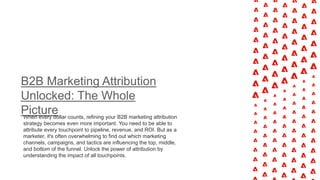 B2B Marketing Attribution
Unlocked: The Whole
Picture
When every dollar counts, refining your B2B marketing attribution
strategy becomes even more important. You need to be able to
attribute every touchpoint to pipeline, revenue, and ROI. But as a
marketer, it's often overwhelming to find out which marketing
channels, campaigns, and tactics are influencing the top, middle,
and bottom of the funnel. Unlock the power of attribution by
understanding the impact of all touchpoints.
 