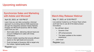 © 2021 Adobe. All Rights Reserved. Adobe
Confidential.
Upcoming webinars
March-May Release Webinar
May 17, 2023, at 12:00 PM ET
Live webinar hosted by our Product Team where
you'll see how to use all of the latest product
innovations.
• You will learn about:
• Dynamic Chat
• API enhancements
• The latest updates to the modern
experience
• ...and more!
Register here
Synchronize Sales and Marketing
with Adobe and Microsoft
April 20, 2023, at 1:00 PM ET
Learn how you can take a proactive, informed
approach to providing relevant B2B experiences
through the integration between Adobe Marketo
Engage and Microsoft Dynamics 365 for Sales.
Learn how you can:
• Send sales alerts, delivering relevant lead and
account intelligence to sales with timely
notifications
• Perform holistic reporting that ensures efficient
spend on the right leads and accounts
• Push hot leads to Dynamics 365 to target only
the hottest, highest-quality leads
Register here
 