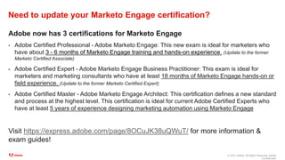 © 2021 Adobe. All Rights Reserved. Adobe
Confidential.
Need to update your Marketo Engage certification?
Adobe now has 3 certifications for Marketo Engage
• Adobe Certified Professional - Adobe Marketo Engage: This new exam is ideal for marketers who
have about 3 - 6 months of Marketo Engage training and hands-on experience. (Update to the former
Marketo Certified Associate)
• Adobe Certified Expert - Adobe Marketo Engage Business Practitioner: This exam is ideal for
marketers and marketing consultants who have at least 18 months of Marketo Engage hands-on or
field experience. (Update to the former Marketo Certified Expert)
• Adobe Certified Master - Adobe Marketo Engage Architect: This certification defines a new standard
and process at the highest level. This certification is ideal for current Adobe Certified Experts who
have at least 5 years of experience designing marketing automation using Marketo Engage
Visit https://express.adobe.com/page/8OCuJK38uQWuT/ for more information &
exam guides!
 