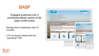 BASF
Engaged audiences with a
condensed eBook version of 36-
page content piece
• Average time in experience was 12
minute...