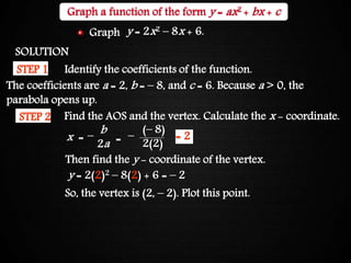 Graphing Quadratic FunctionsGraph a function of the form y = ax2 + bx + c
SOLUTION
Identify the coefficients of the function.STEP 1
STEP 2 Find the AOS and the vertex. Calculate the x - coordinate.
x =
b
2a =
(– 8)
2(2)
– –
Then find the y - coordinate of the vertex.
y = 2(2)2 – 8(2) + 6 = – 2
So, the vertex is (2, – 2). Plot this point.
The coefficients are a = 2, b = – 8, and c = 6. Because a > 0, the
parabola opens up.
= 2
y = 2x2 – 8x + 6.Graph
 